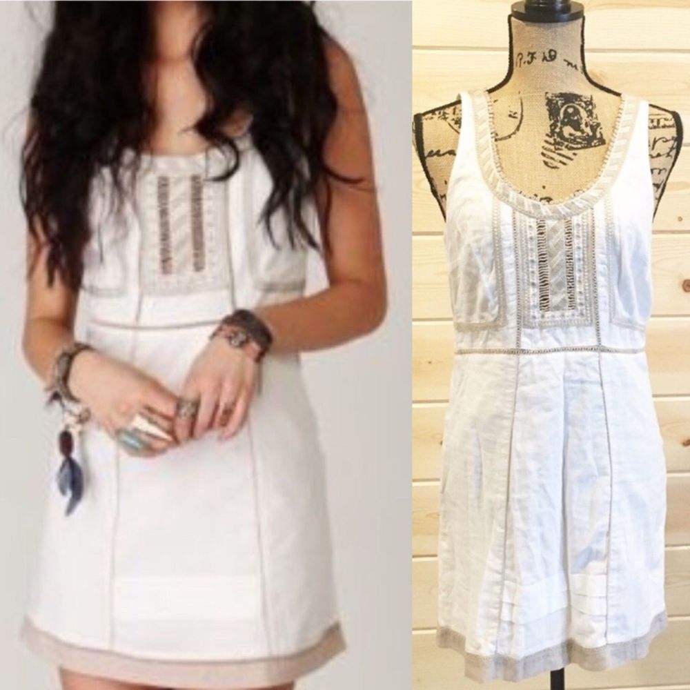 Free People Ivory Mini Dress Sand Embroide…